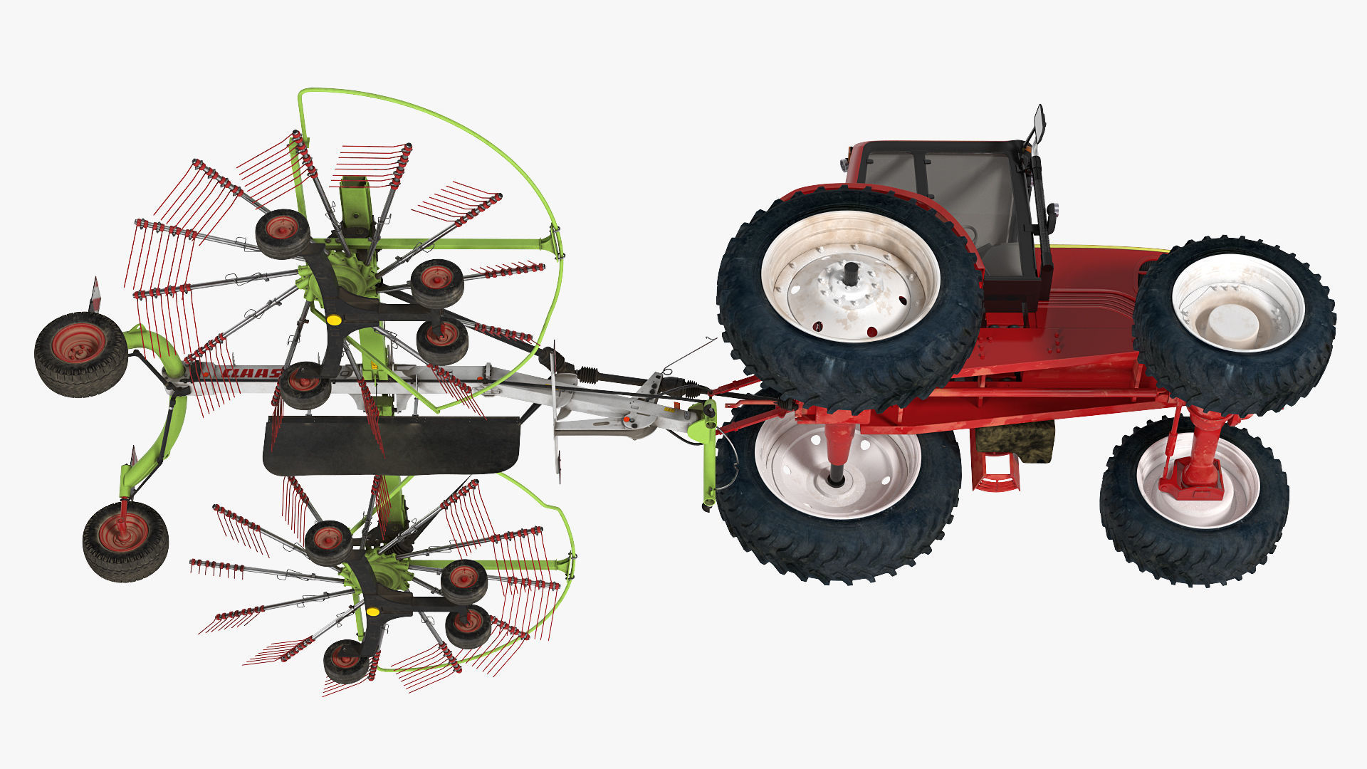 Tractor with Used Twin Rotor Rake Claas Liner 2700 Rigged 3D model_18