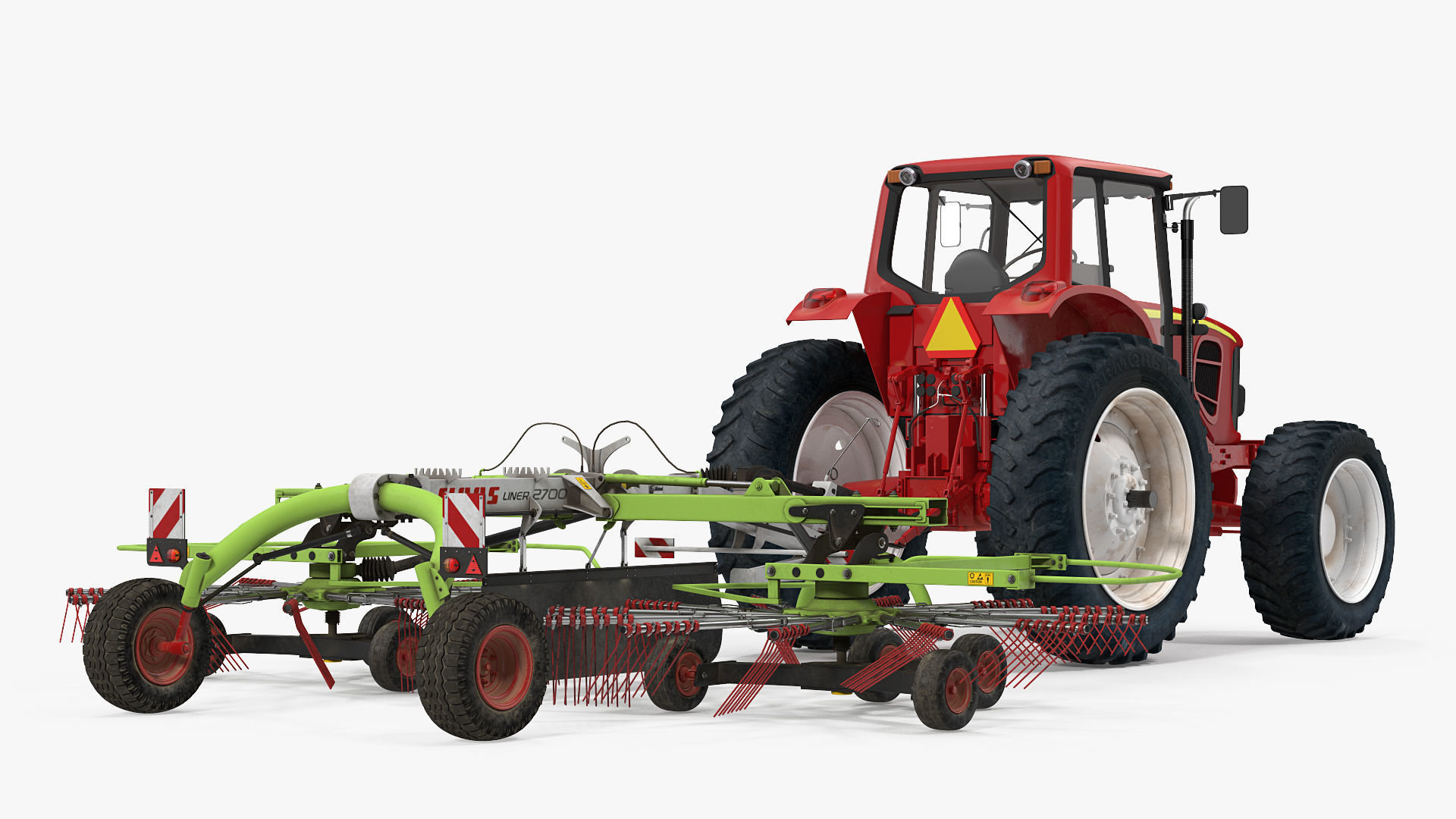 Tractor with Used Twin Rotor Rake Claas Liner 2700 Rigged 3D model_3