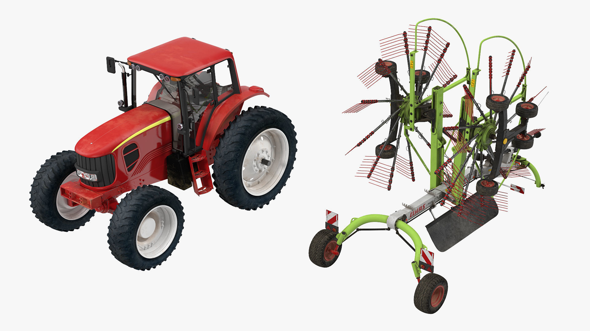 Tractor with Used Twin Rotor Rake Claas Liner 2700 Rigged 3D model_5