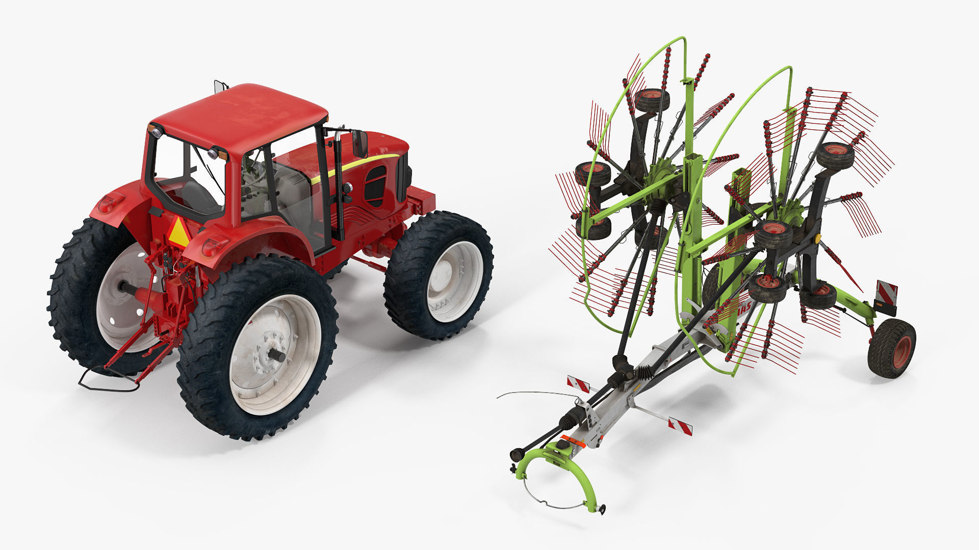 Tractor with Used Twin Rotor Rake Claas Liner 2700 Rigged 3D model_4