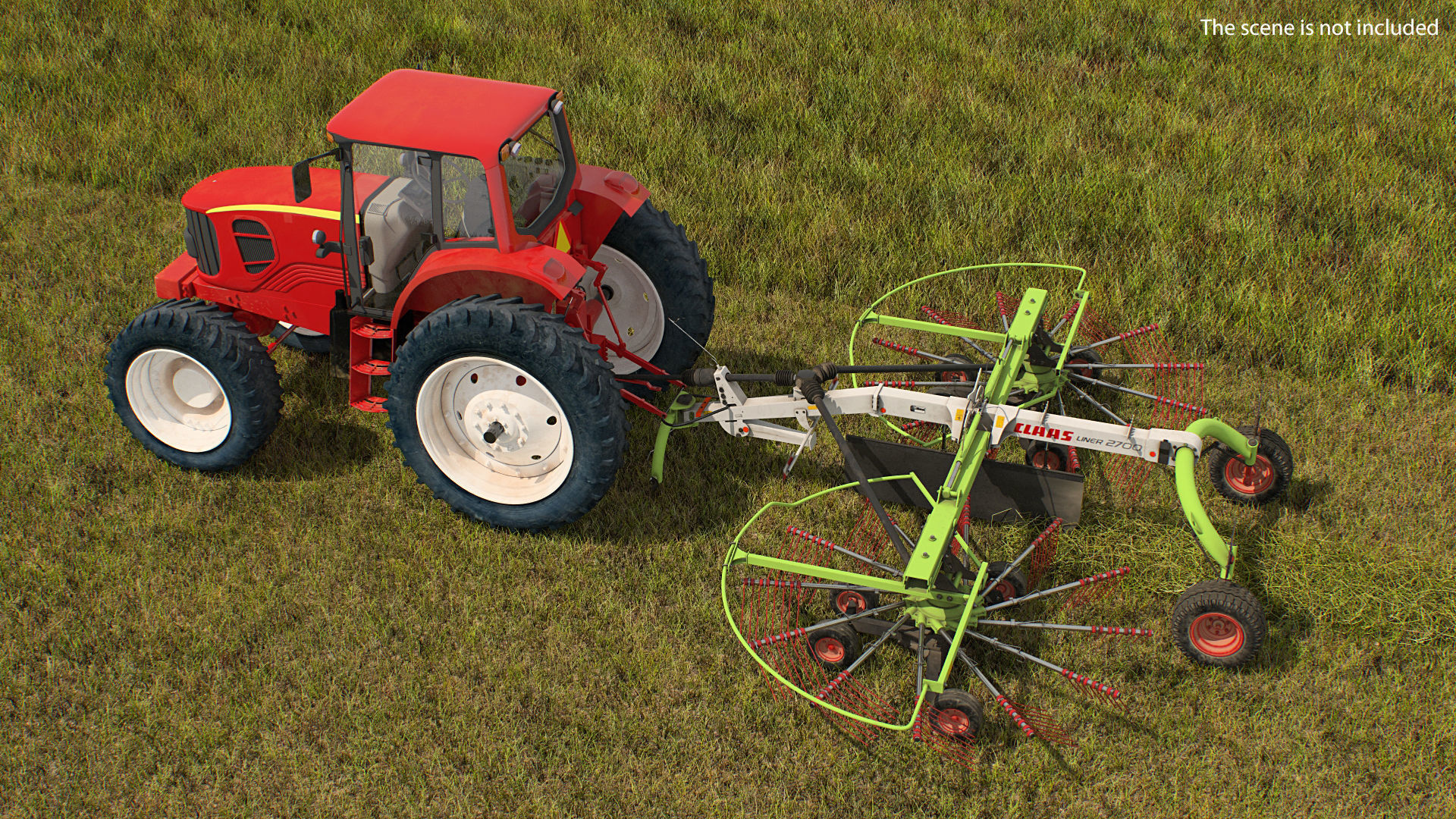 Tractor with Used Twin Rotor Rake Claas Liner 2700 Rigged 3D model_1