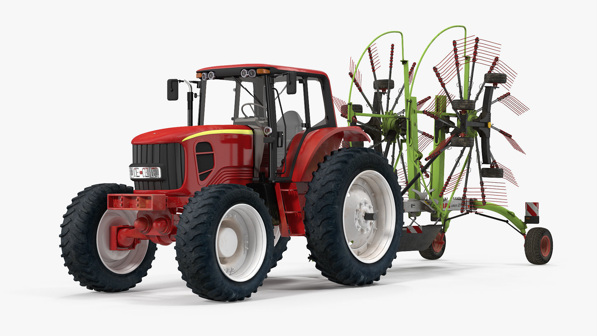 Tractor with Used Twin Rotor Rake Claas Liner 2700 Rigged 3D model_6