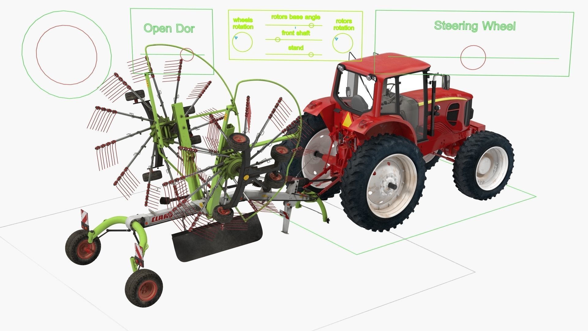 Tractor with Used Twin Rotor Rake Claas Liner 2700 Rigged 3D model_2