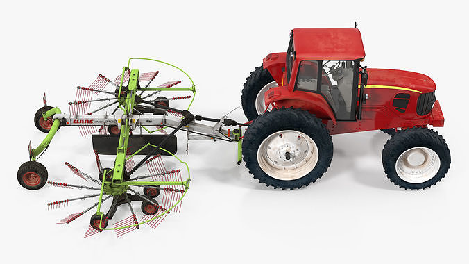 Tractor with Used Twin Rotor Rake Claas Liner 2700 Rigged 3D model