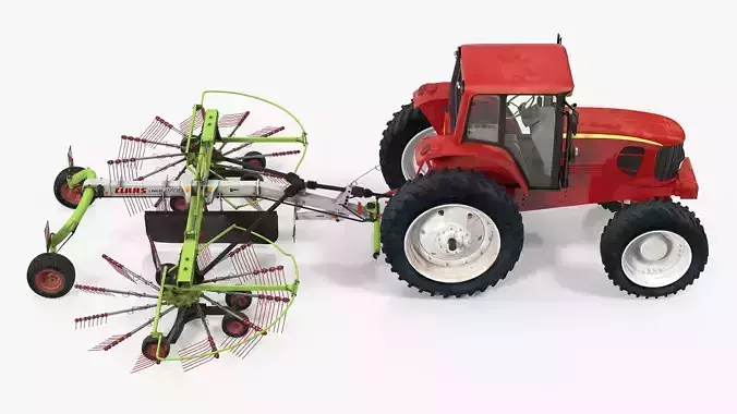 Tractor with Used Twin Rotor Rake Claas Liner 2700 Rigged 3D model
