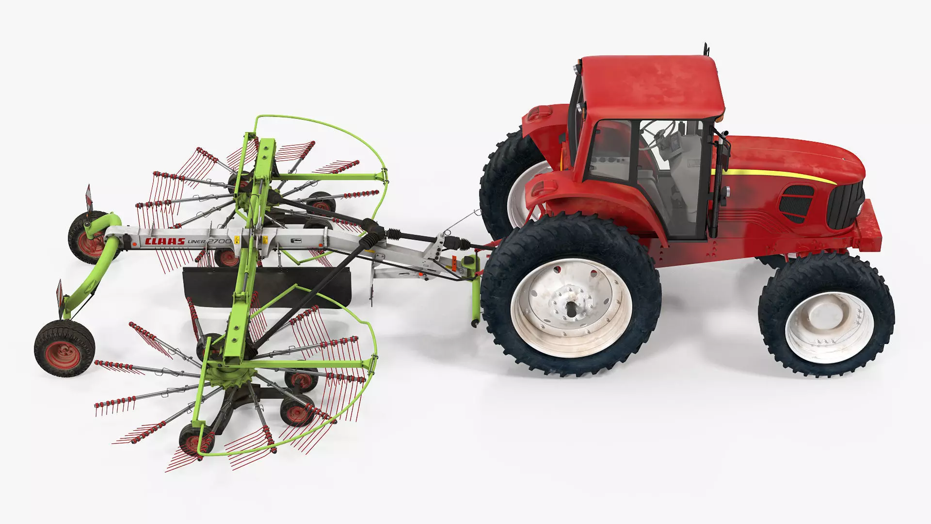 Tractor with Used Twin Rotor Rake Claas Liner 2700 Rigged 3D model_0