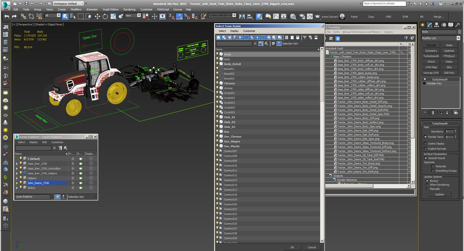 Tractor with Used Twin Rotor Rake Claas Liner 2700 Rigged 3D model_23