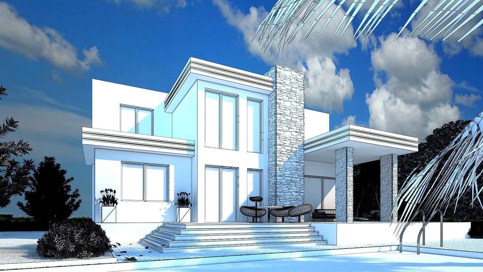 Villa modern house with swimming pool 3D model_14