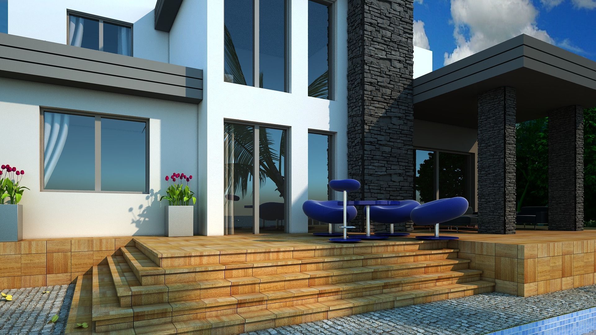Villa modern house with swimming pool 3D model_2