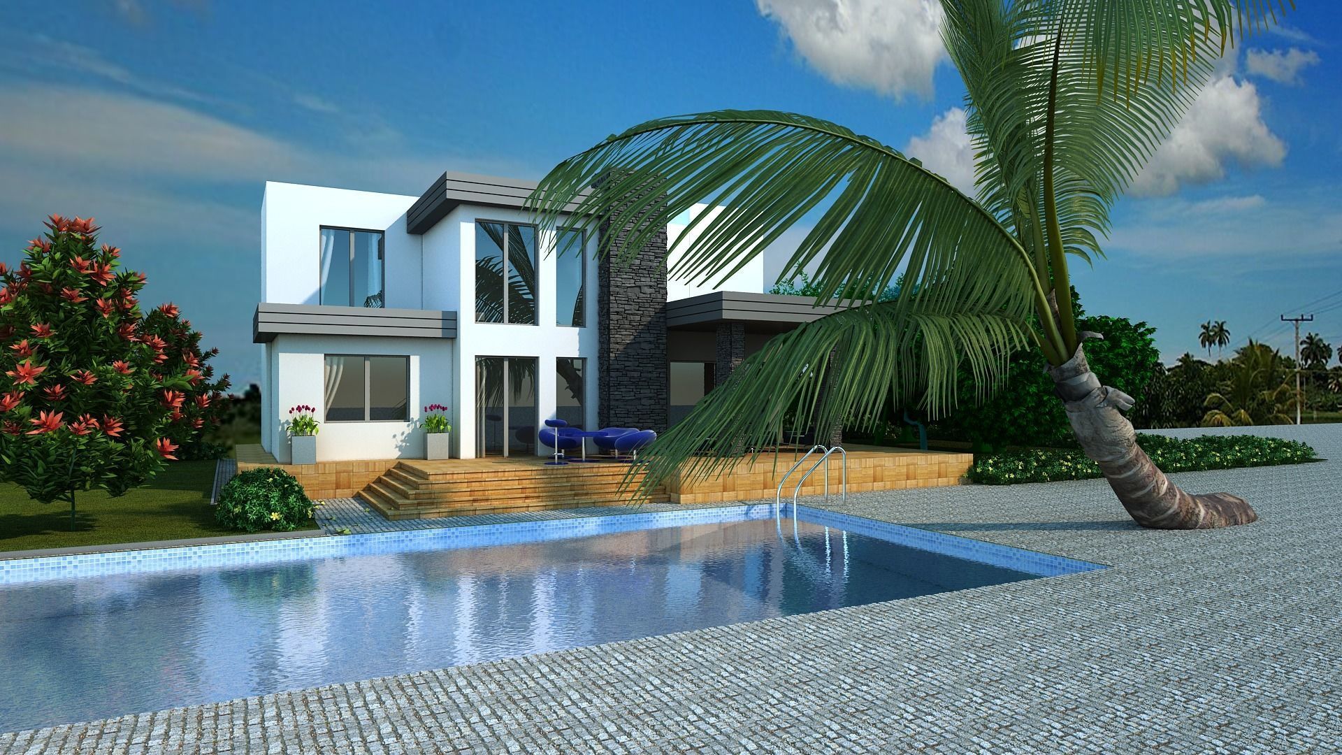 Villa modern house with swimming pool 3D model_6