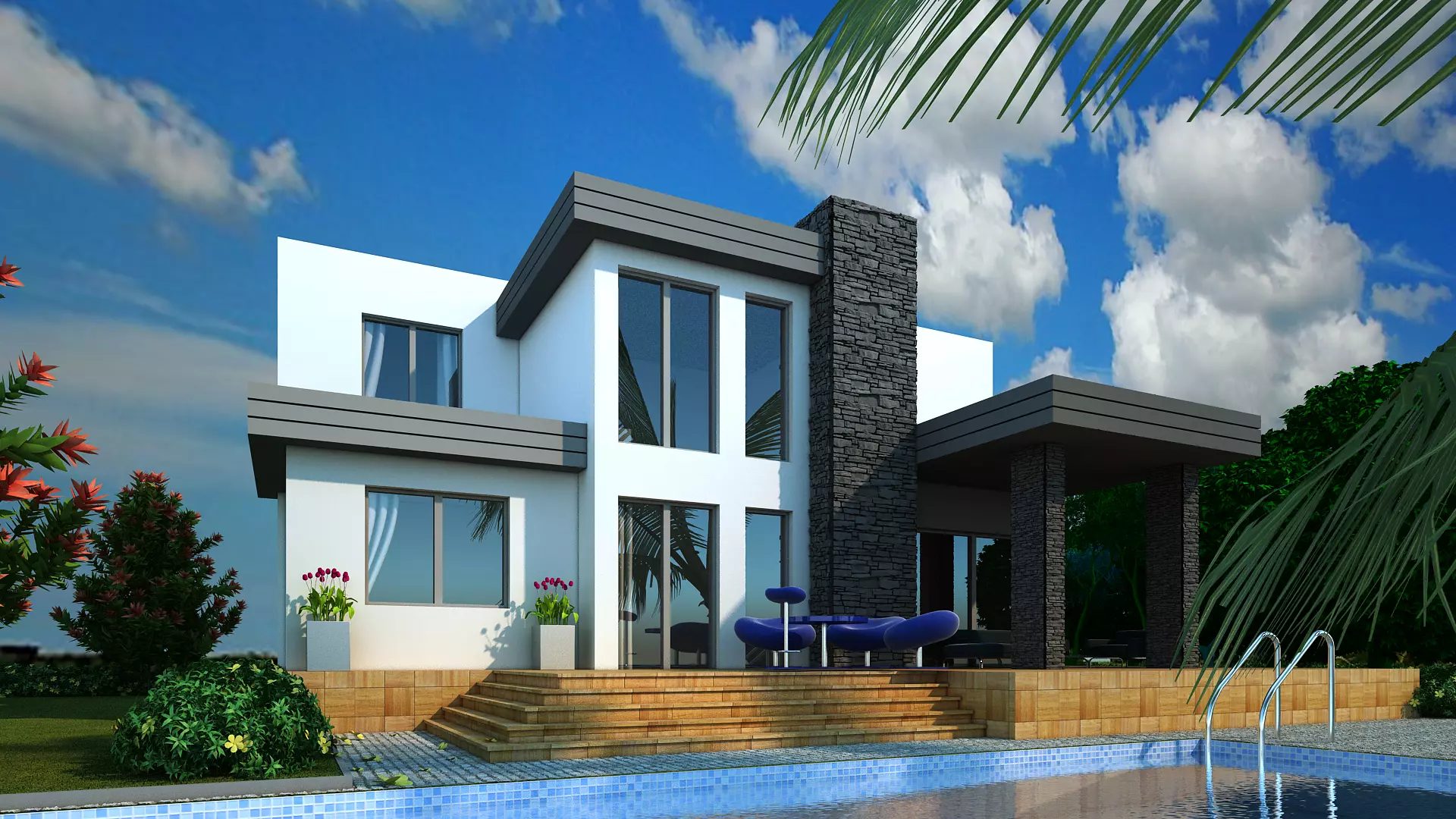 Villa modern house with swimming pool 3D model_0