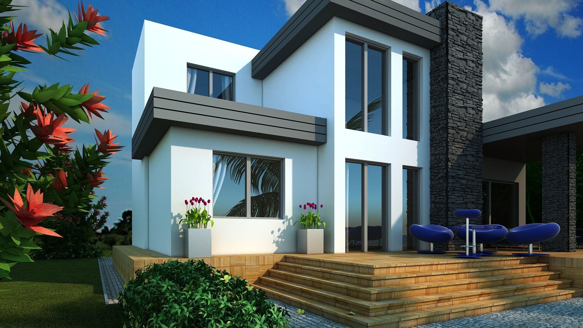 Villa modern house with swimming pool 3D model_1