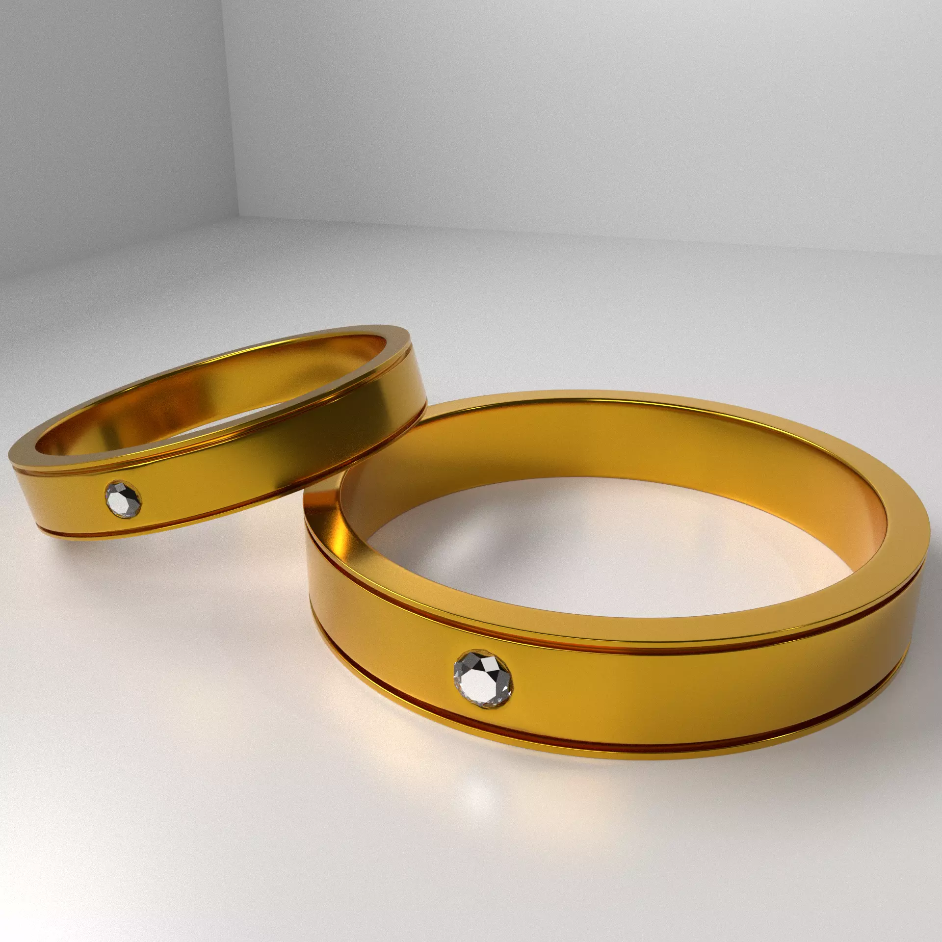 Couple Gold Ring with Diamond 3D model_0