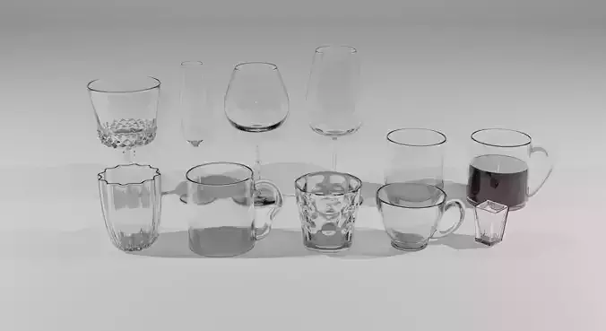 Glassware - Set of 11 different glasses - one with tea 3D model