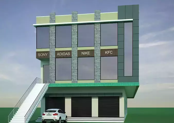 3D Exterior building with stairs and car 3D model
