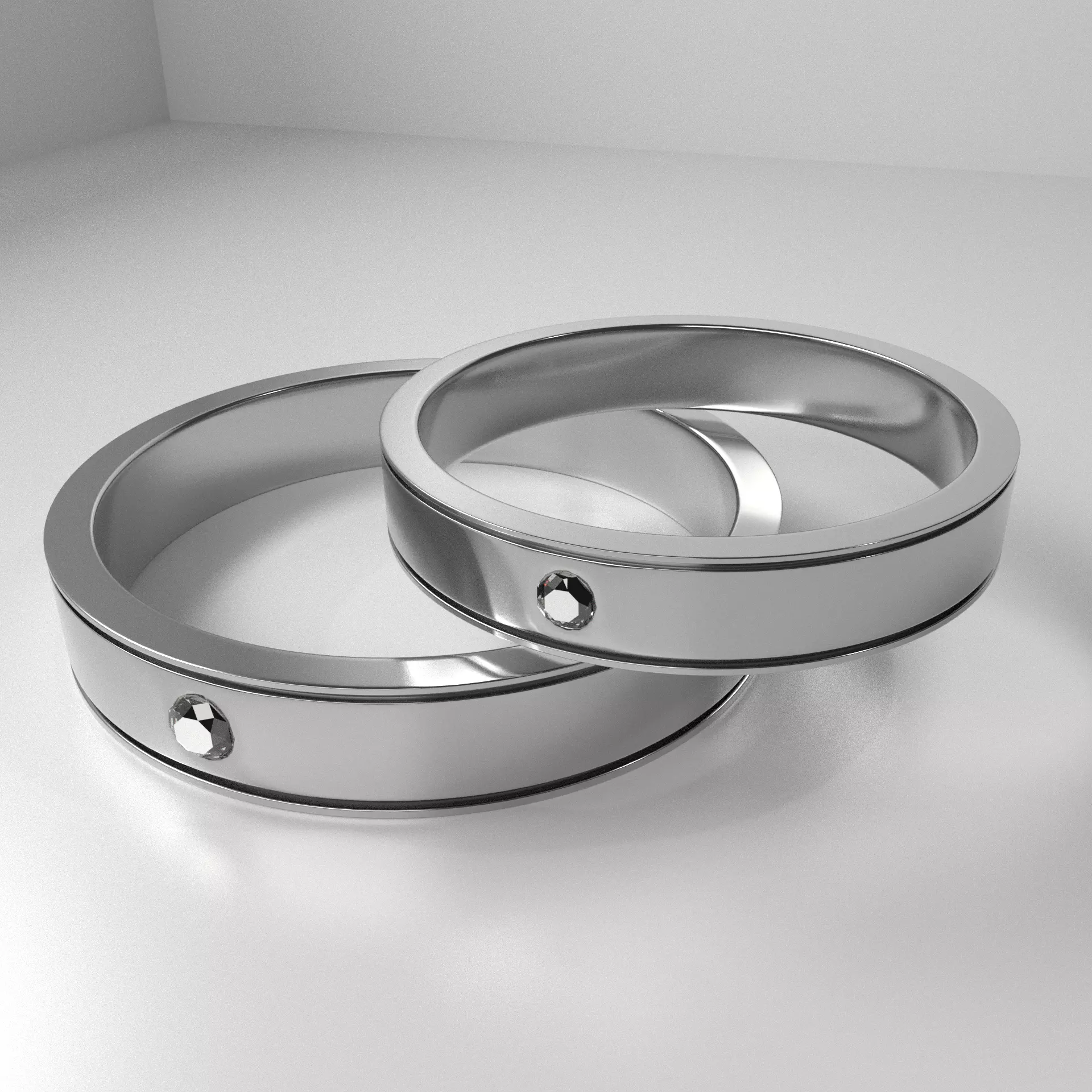 Couple Silver Ring with Diamond 3D model_0