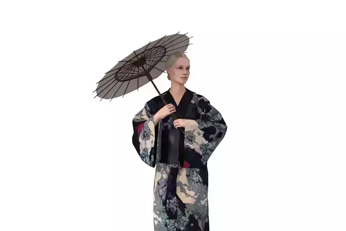clo3d woman in japanese kimono holding umbrella 3D model