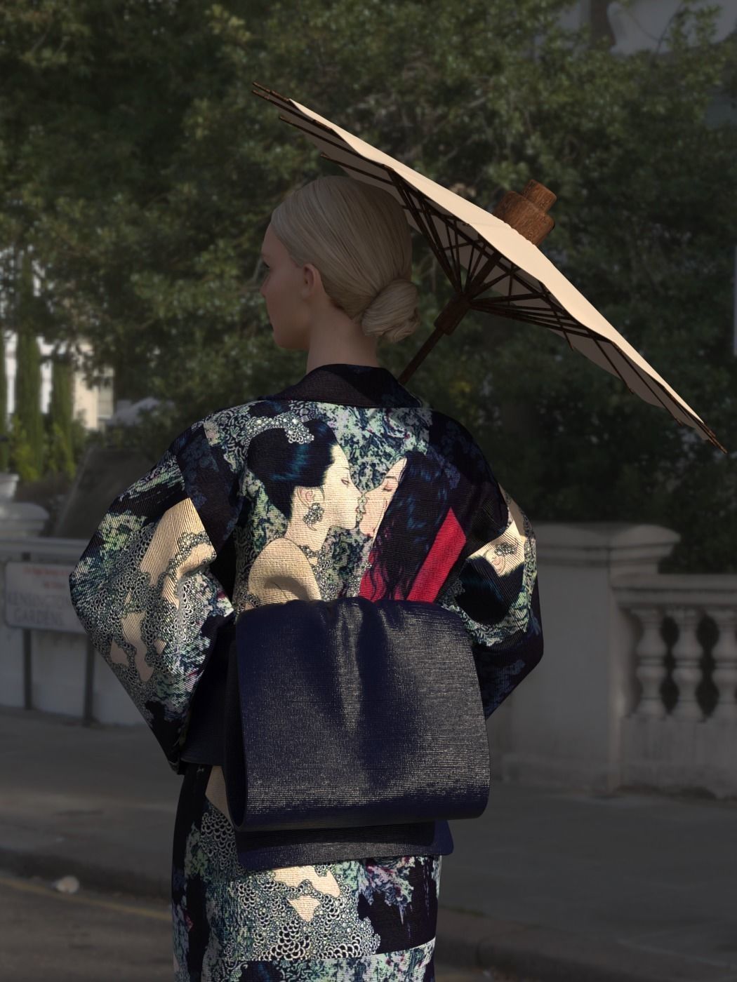 clo3d woman in japanese kimono holding umbrella 3D model_1