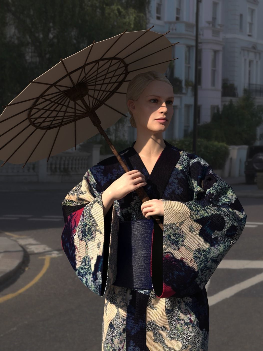 clo3d woman in japanese kimono holding umbrella 3D model_2