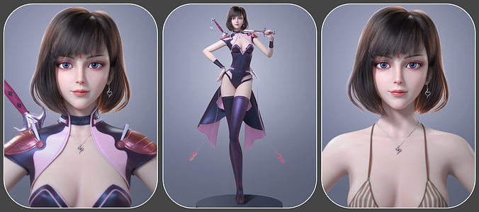 CG Woman girl warrior beauty female character Low-poly 3D model
