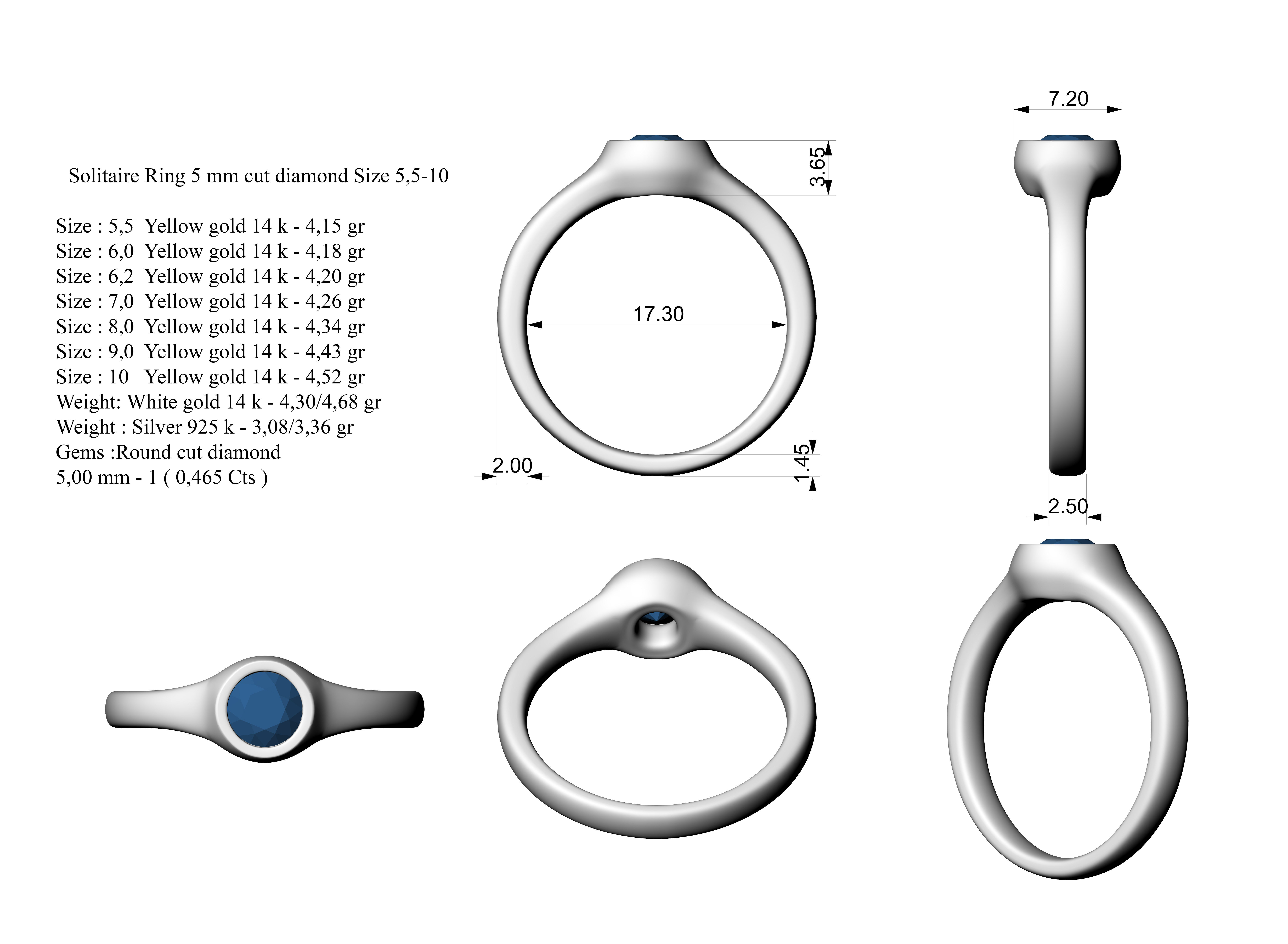 Solitaire Ring 5 mm cut diamond 3D print model_5