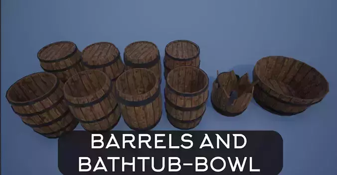 Wooden Barrels and Bathtub-bowl Low-poly 3D model