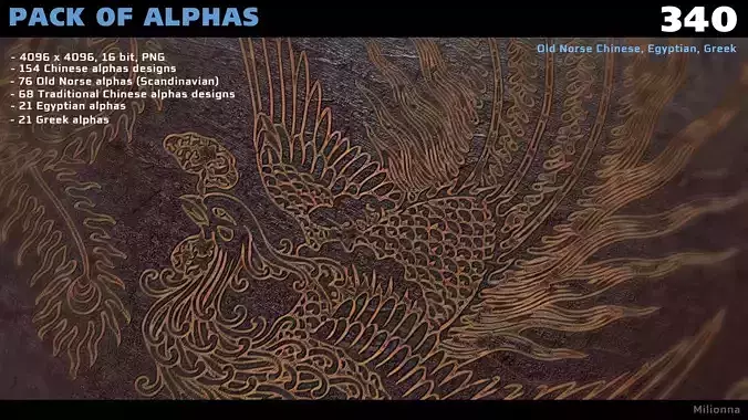 Pack of 340 Alphas Chinese Egypt Greek Old Norse Texture