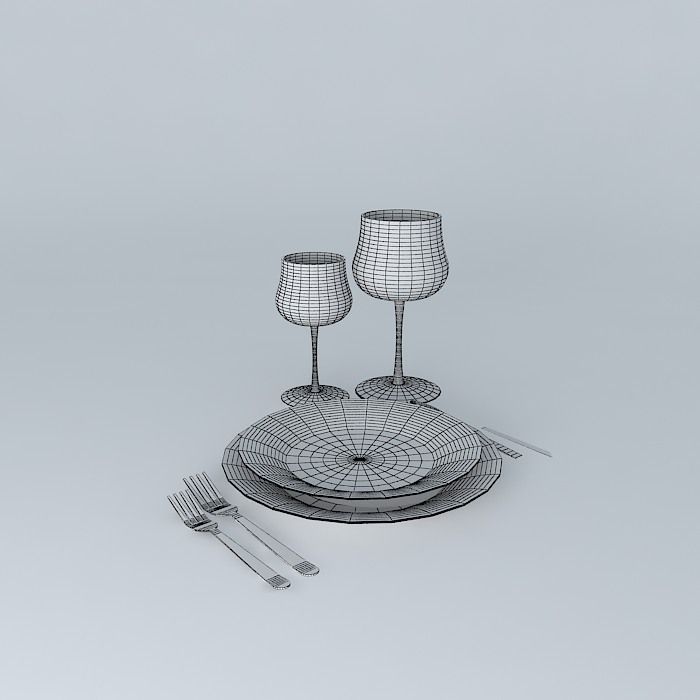 Dinner Set plate with wine glasses and forks Free 3D model_4