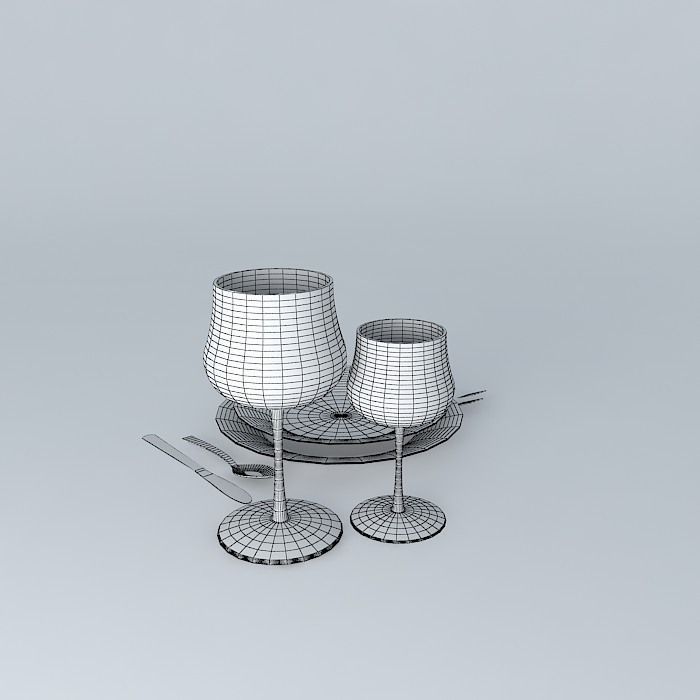 Dinner Set plate with wine glasses and forks Free 3D model_3