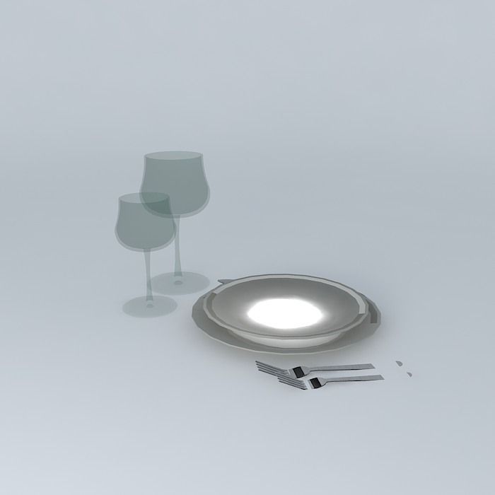 Dinner Set plate with wine glasses and forks Free 3D model_2