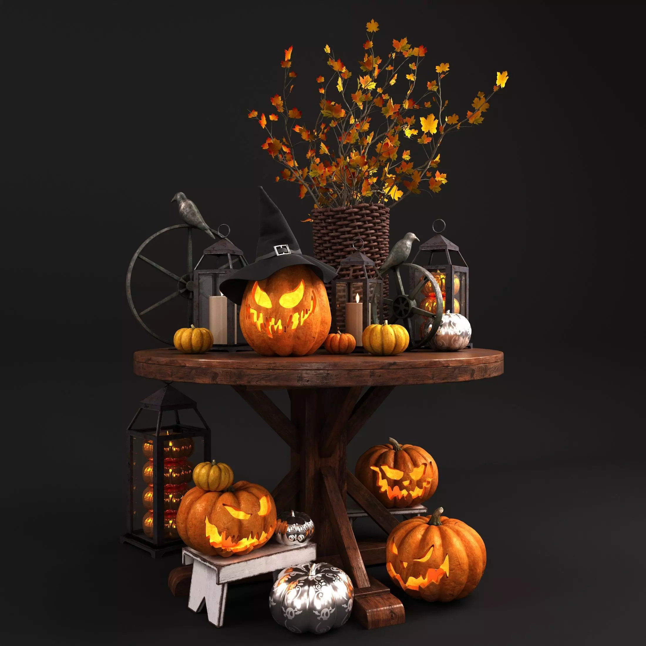Helloween set pumpkins and lanterns on table 3D model