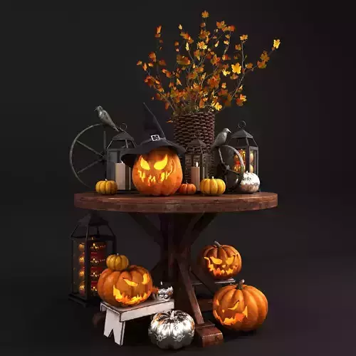 Helloween set pumpkins and lanterns on table