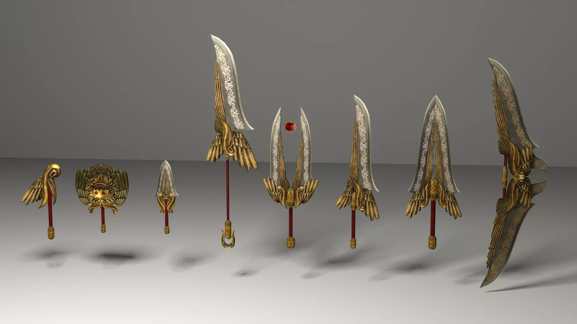 Fantasy gold medieval weapons set Low-poly 3D model_0
