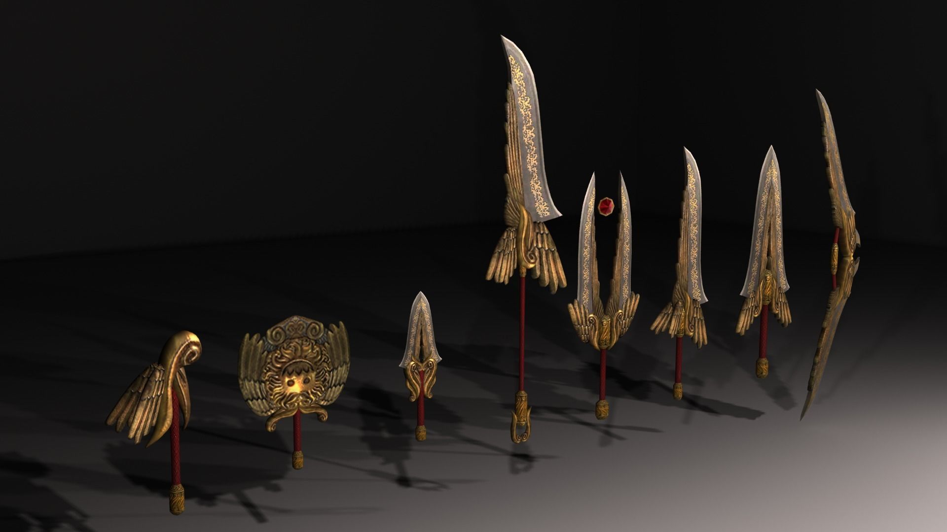Fantasy gold medieval weapons set Low-poly 3D model_7