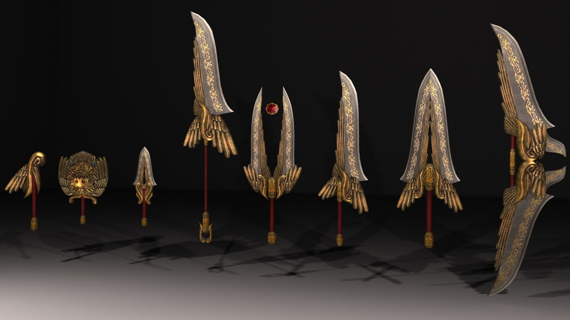 Fantasy gold medieval weapons set Low-poly 3D model_6