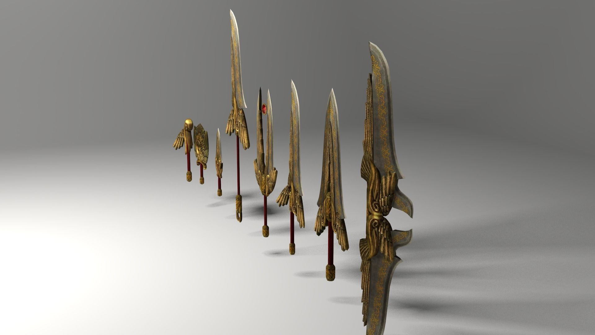 Fantasy gold medieval weapons set Low-poly 3D model_2
