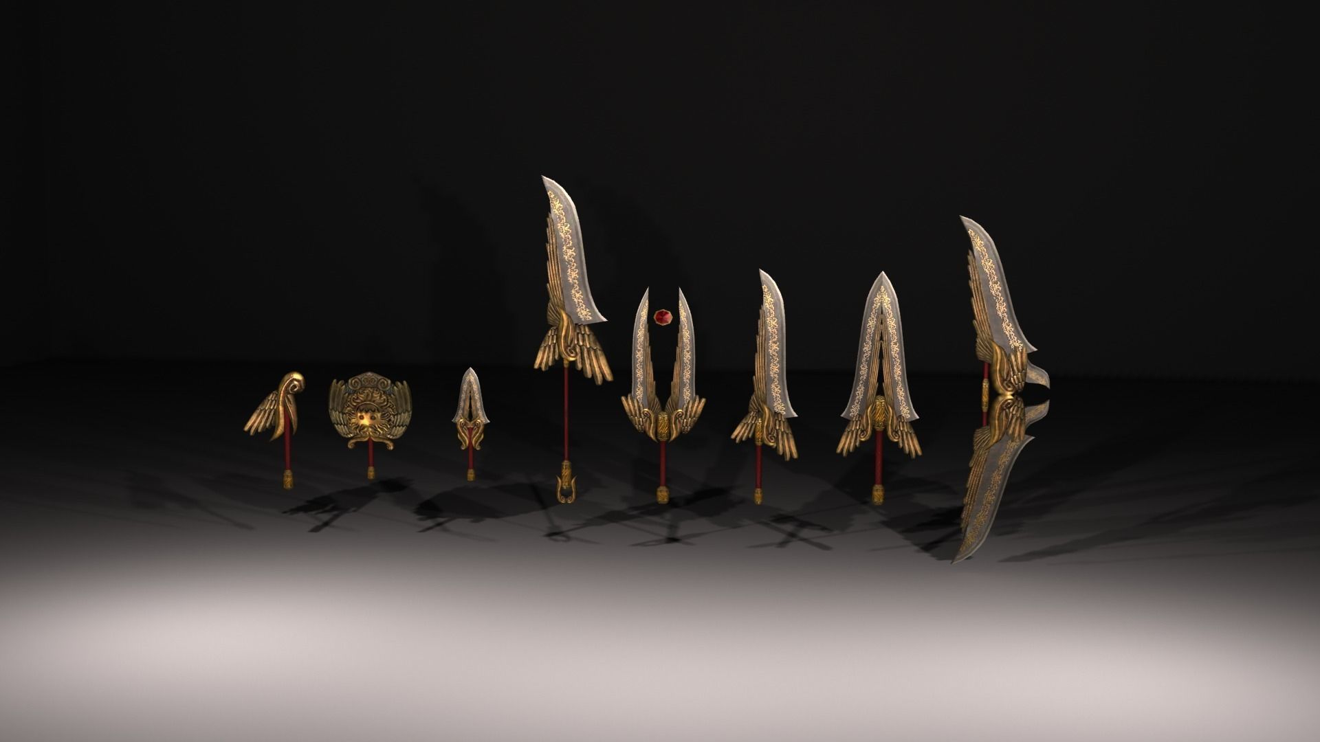 Fantasy gold medieval weapons set Low-poly 3D model_10