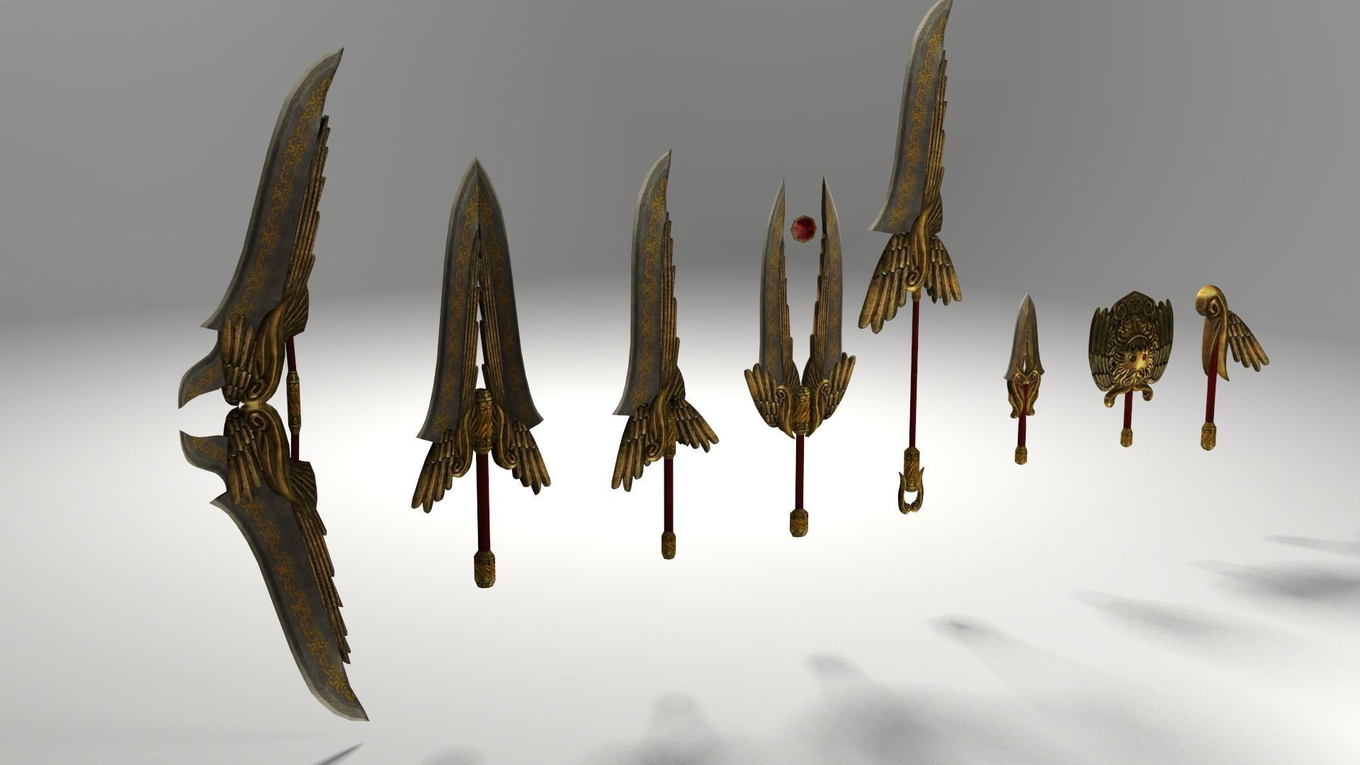 Fantasy gold medieval weapons set Low-poly 3D model_3