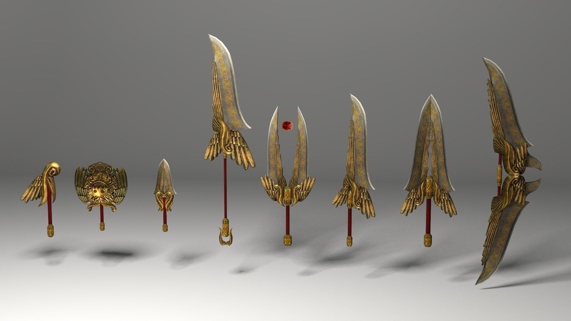 Fantasy gold medieval weapons set Low-poly 3D model_1