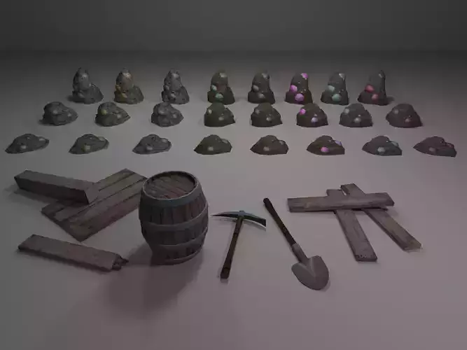 Mining items pack and ores Low-poly 3D model
