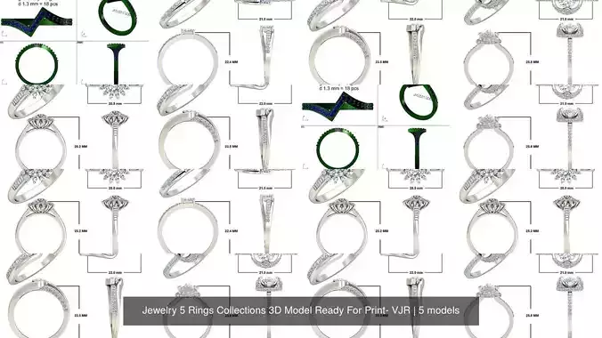 Jewelry 5 Rings Collections 3D Model Ready For Print- VJR