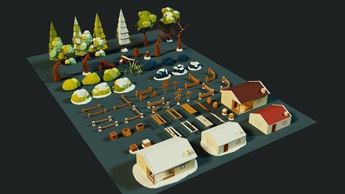 CARTOON COUNTRY SIDE EXTERIOR LOW POLY 3D MODEL  Low-poly 3D model