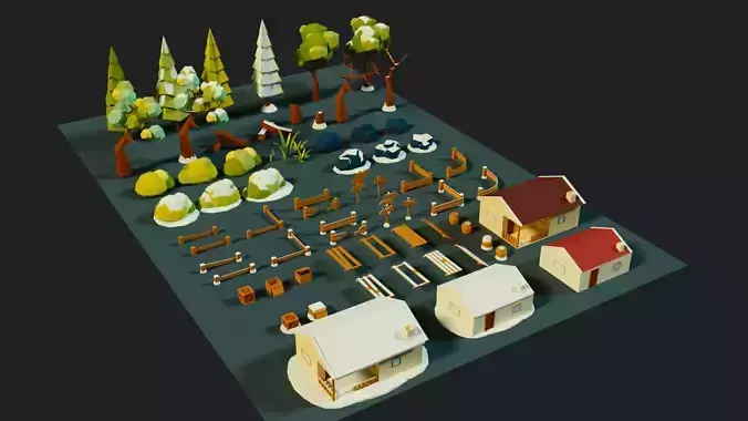 CARTOON COUNTRY SIDE EXTERIOR LOW POLY 3D MODEL 