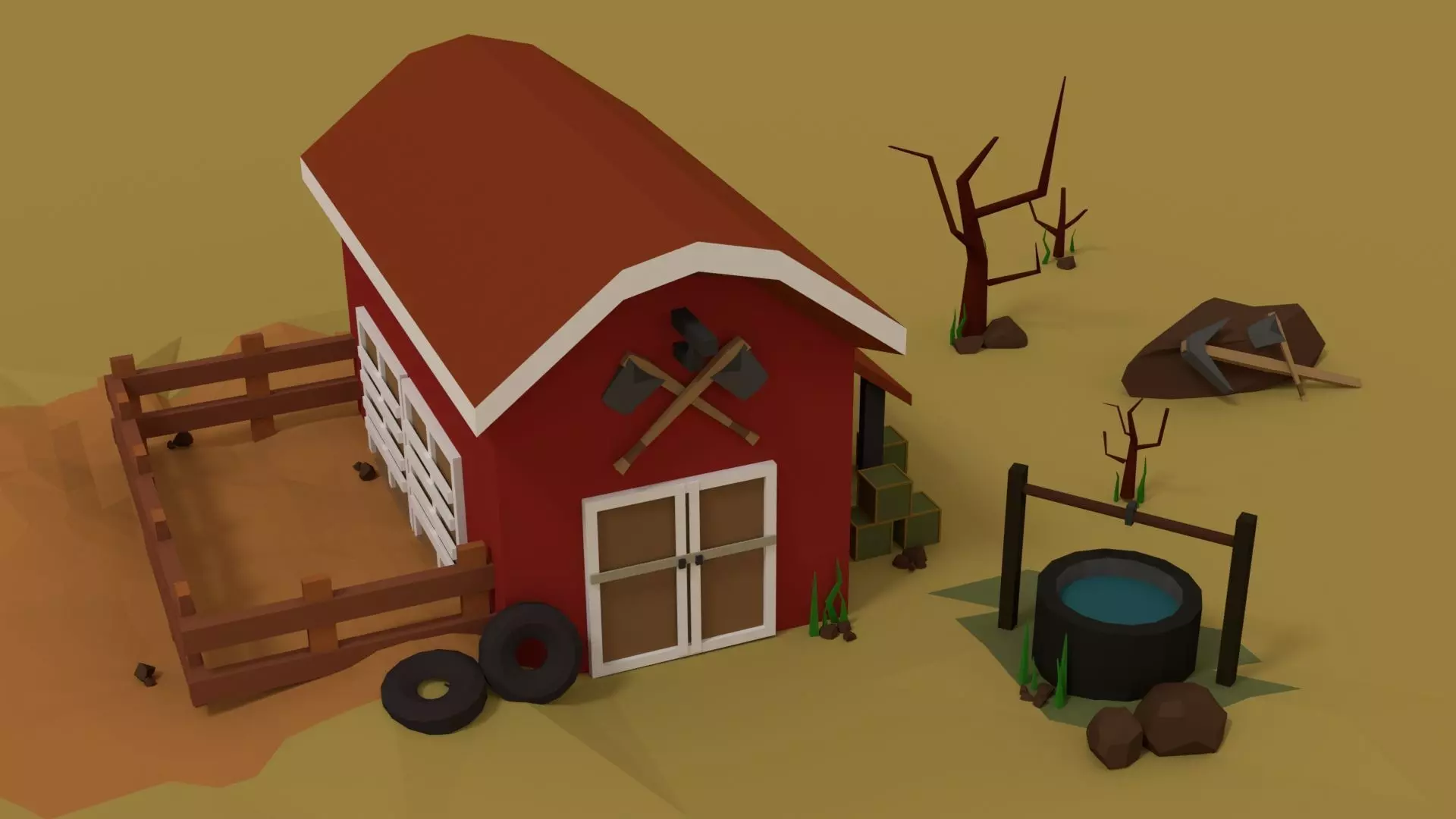 Simple Barn Low-poly 3D model_0
