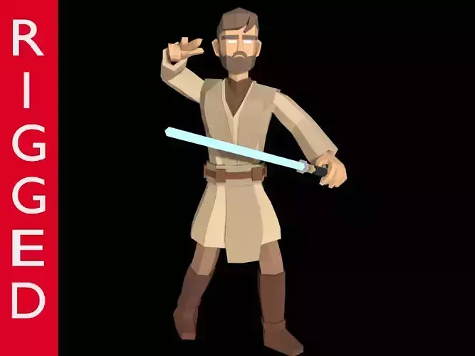 Low-Poly Star Wars Obi Wan Jedi 3D rigged model Low Poly Cartoon Low-poly 3D model