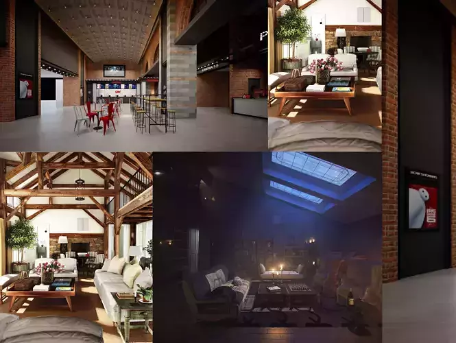 Rustic Mood Feel Interior Living Room and Cinema Lobby  Scene  3D Model Collection