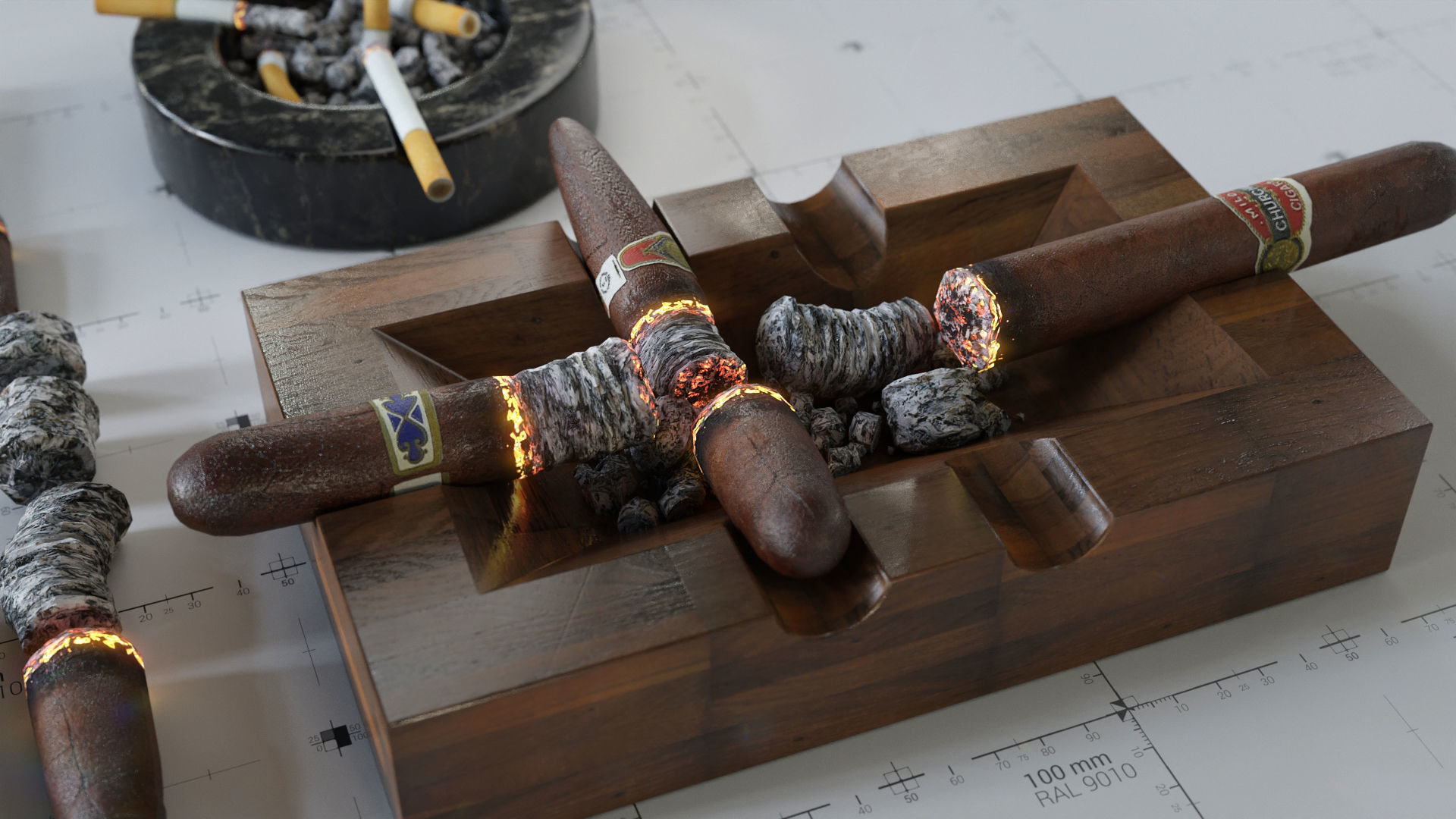 Cigars Cigarettes Joints Blunts and Ashtrays - 3D AssetKit PBR Low-poly 3D model_12