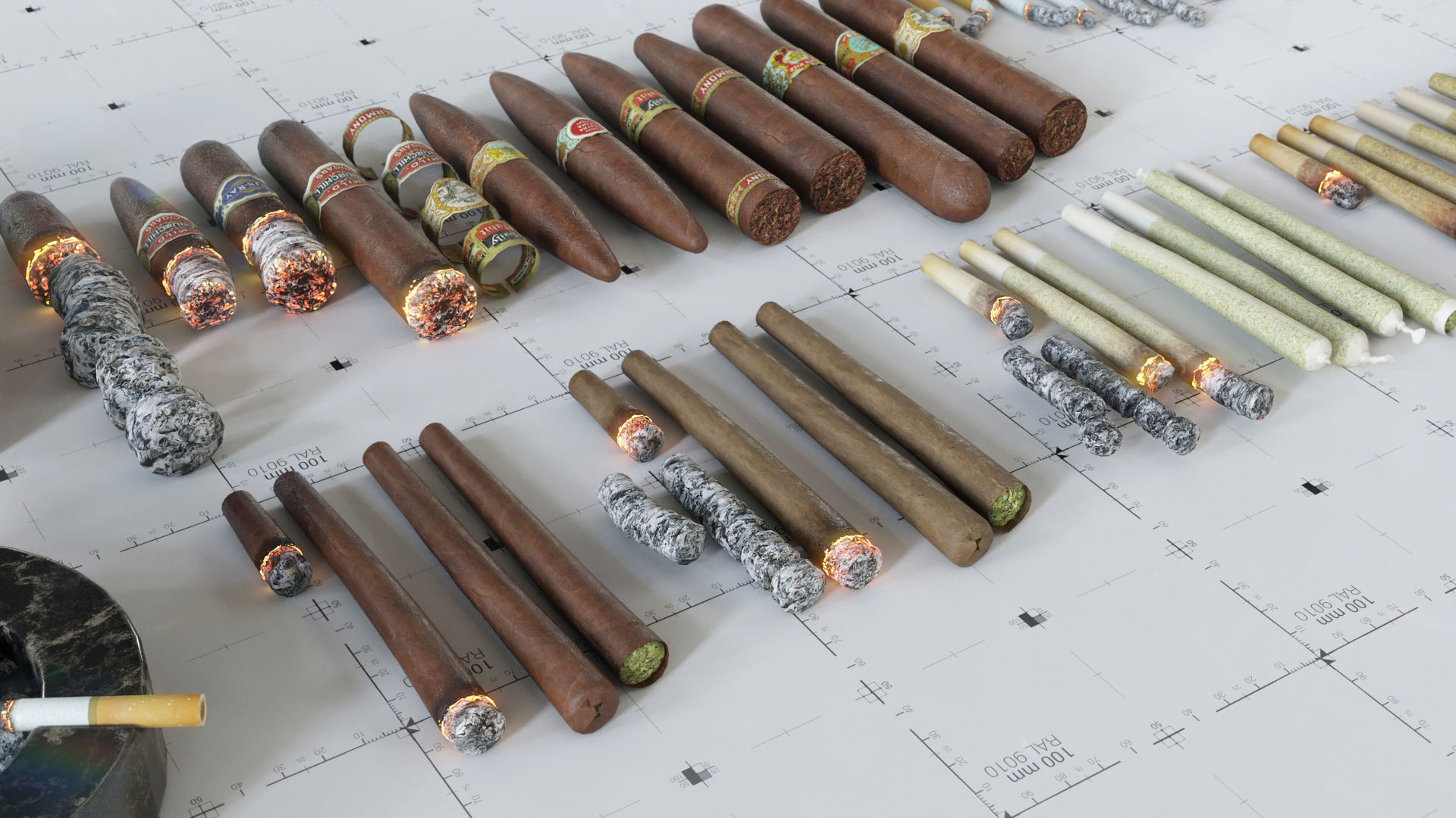 Cigars Cigarettes Joints Blunts and Ashtrays - 3D AssetKit PBR Low-poly 3D model_10