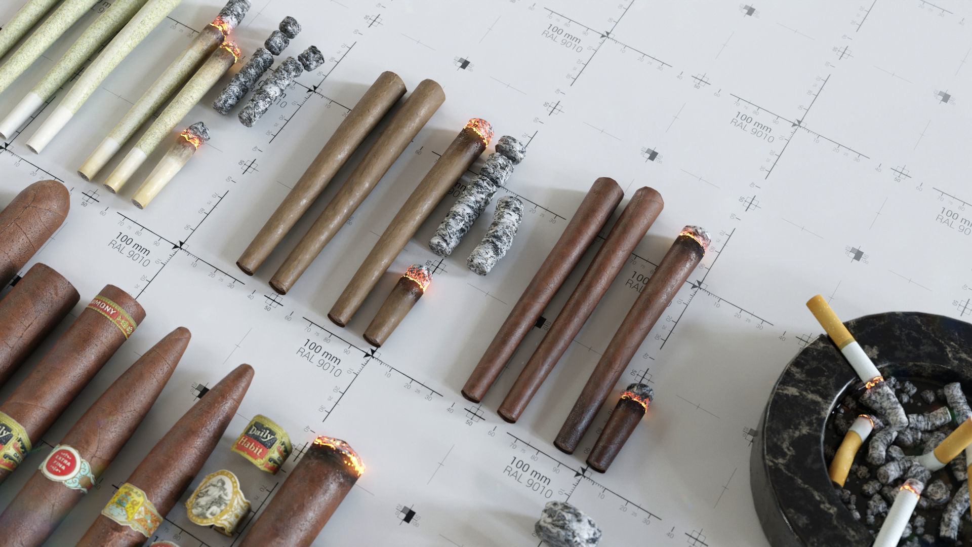 Cigars Cigarettes Joints Blunts and Ashtrays - 3D AssetKit PBR Low-poly 3D model_7
