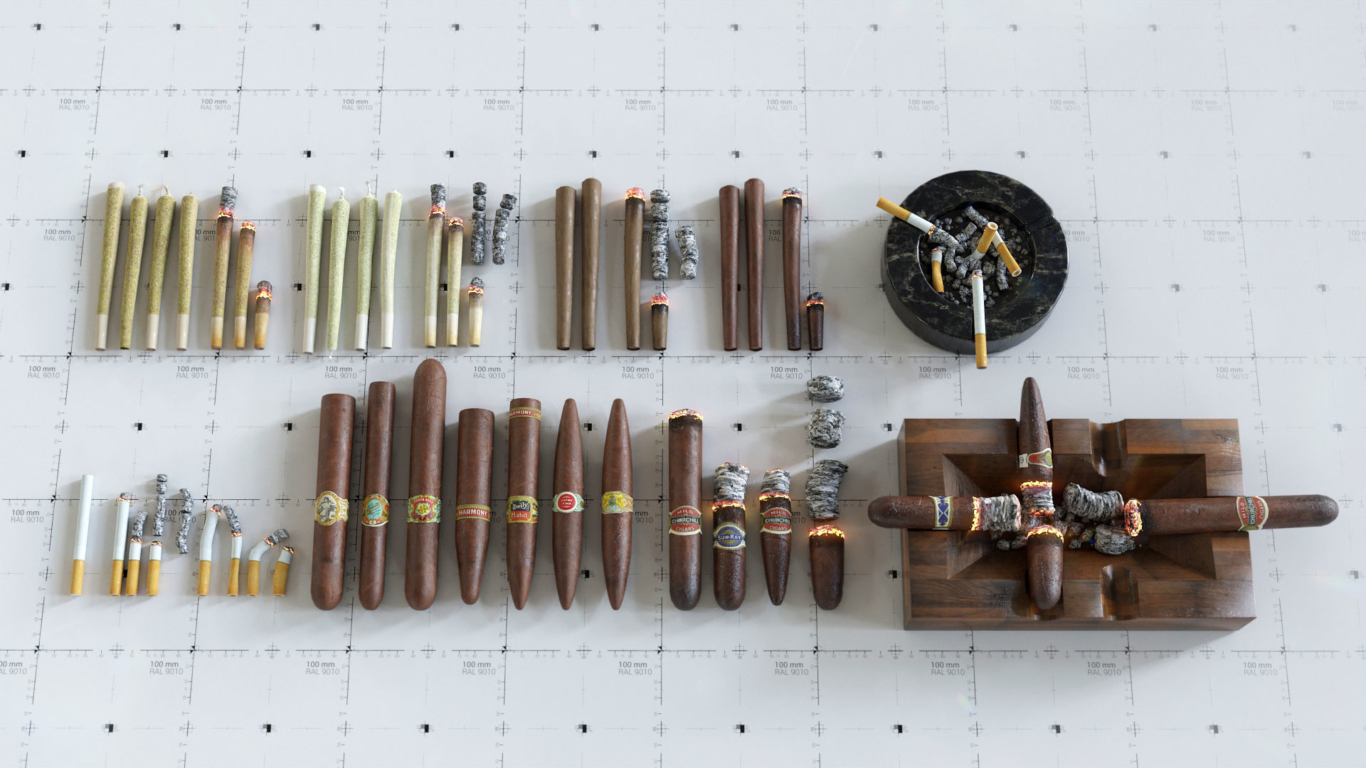 Cigars Cigarettes Joints Blunts and Ashtrays - 3D AssetKit PBR Low-poly 3D model_1
